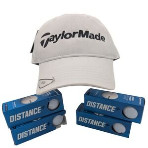 BUNDLE TaylorMade Golf Cap UPF 50+ Adjustable Strap & 12 Distance+ Golf Balls
